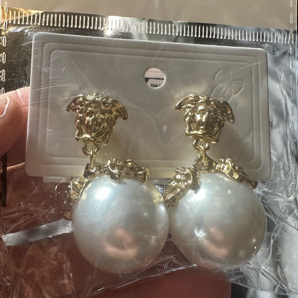 Medusa Gold and White faux pearl Drop Earrings